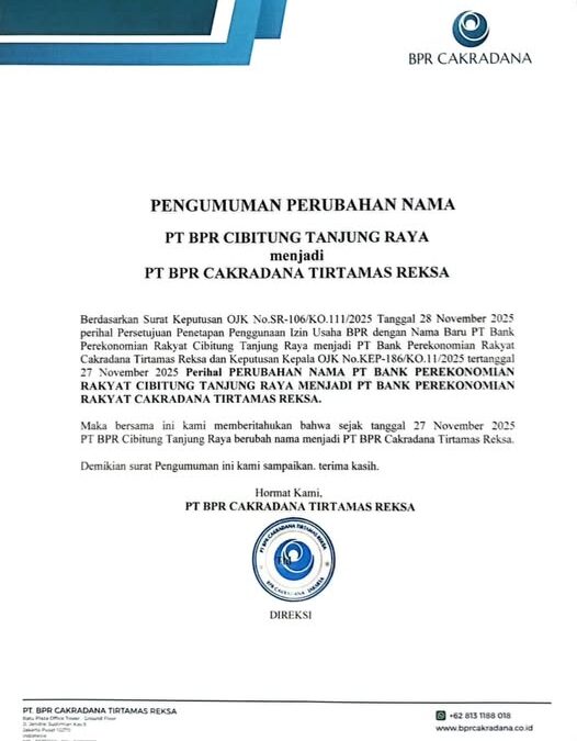 Pengumuman Perubahan Nama PT BPR Cakradana Tirtamas Reksa